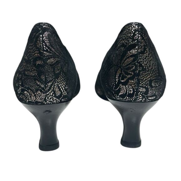 Fine Leather Rose Petals Black Lace Heels Size 12 Narrow Black Silver Patterned - Picture 7 of 13